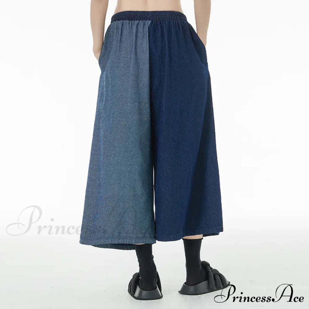 Women Patchwork Casual Denim High Elastic Waist Personality Fashion Loose Wide Leg Korea 2024