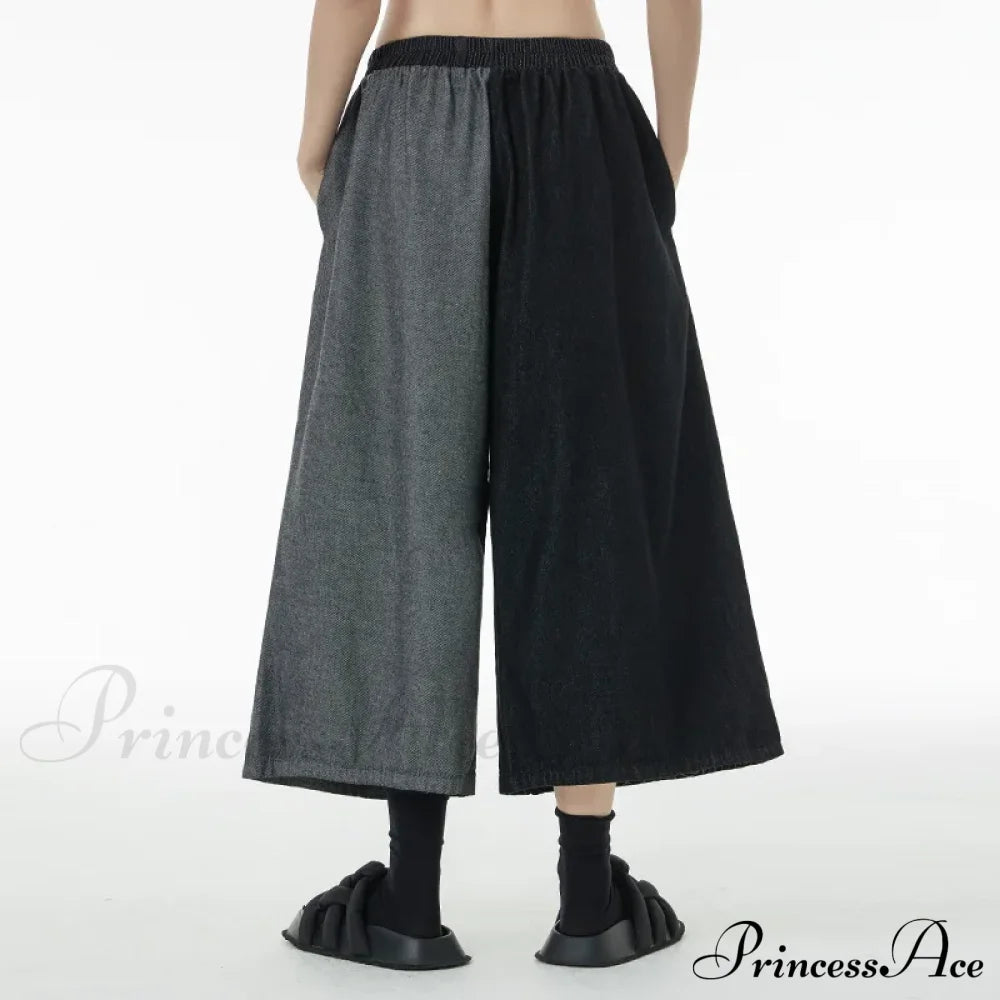 Women Patchwork Casual Denim High Elastic Waist Personality Fashion Loose Wide Leg Korea 2024