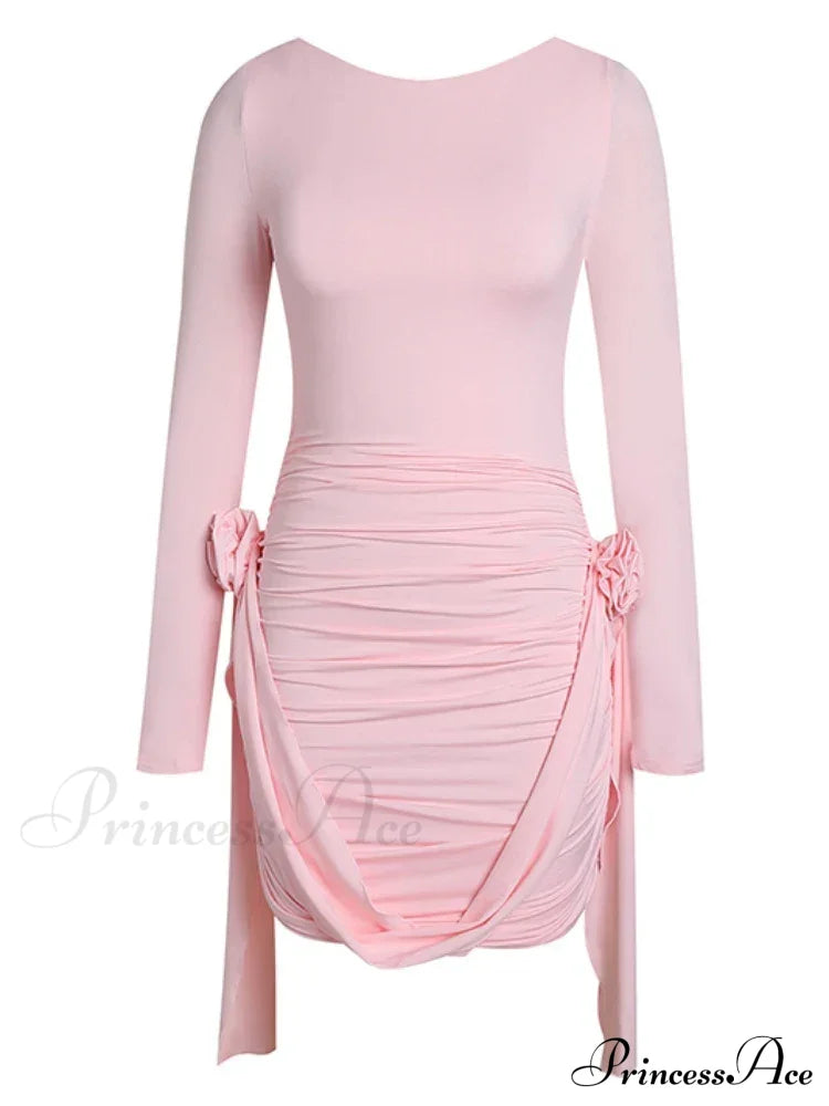 Women Pink 3D Floral Draped Mini Bodycon Dress Long Sleeves Christmas Party / S Dresses-L