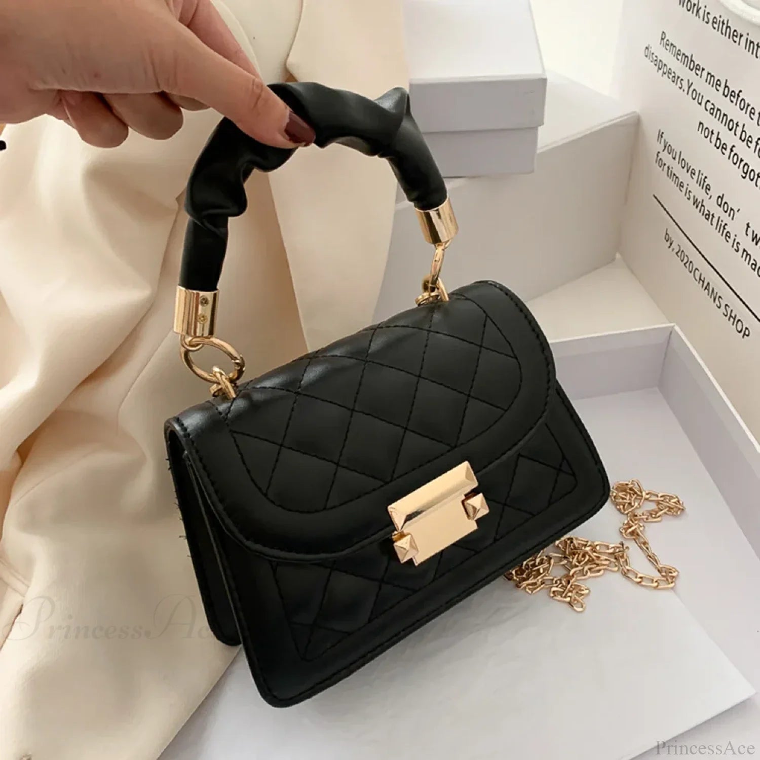 Women PU Leather Designer Crossbody Chain Handbag Black handbag-250126