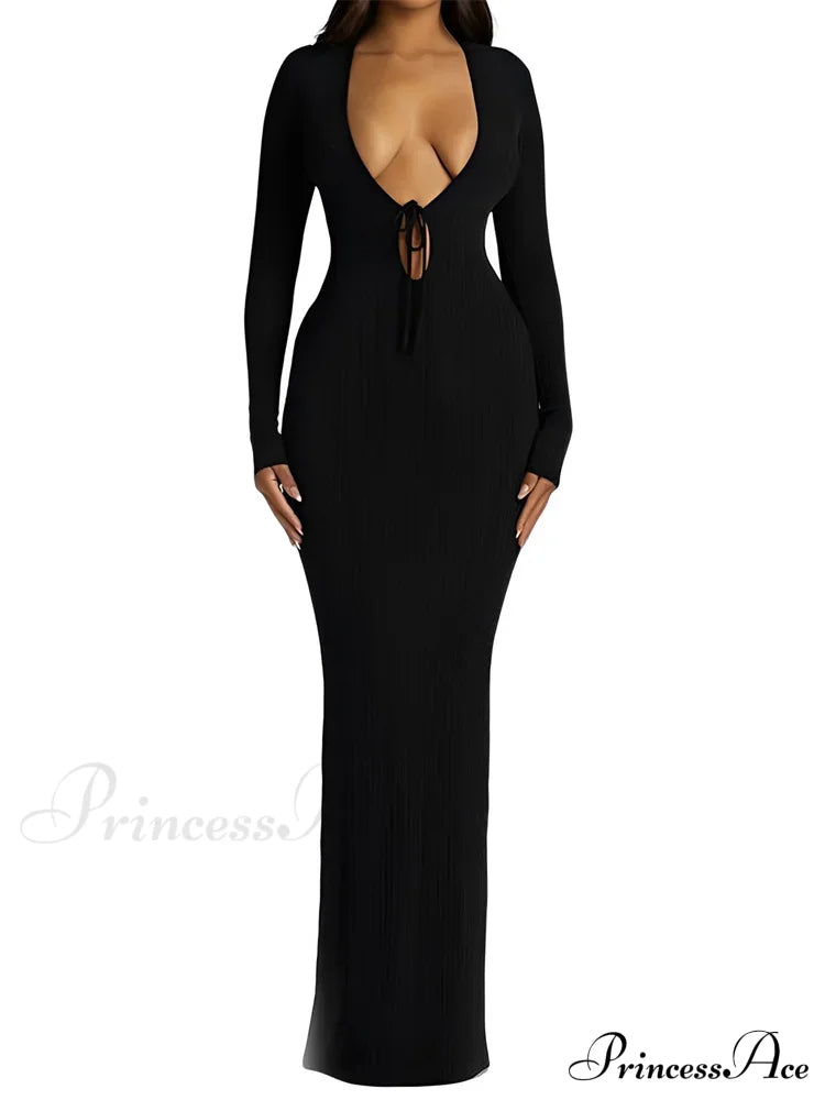 Women Ribbed Bodycon Solid Color Low-Cut V-Neck Tie-Up Sleeve Spring Autumn Party Vestidos Black / S