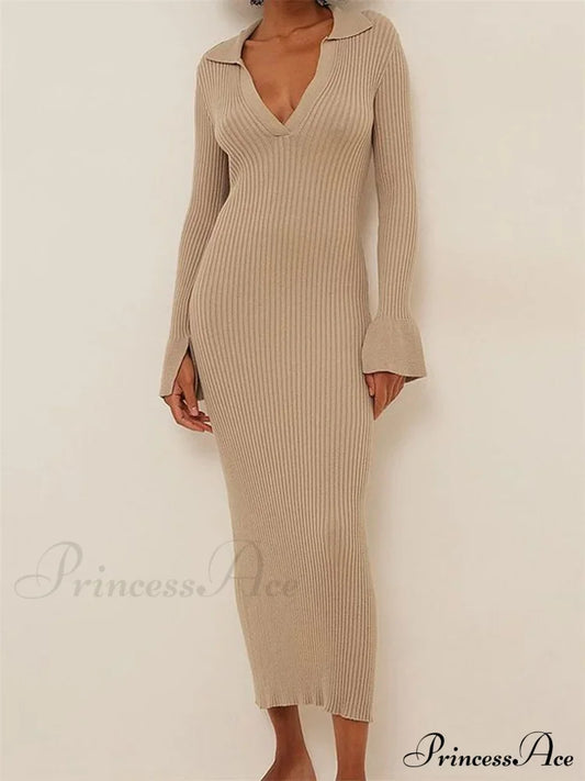 Women Ribbed Knitted Flare Sleeve Lapel Solid Color Bodycon Party Going Out Female Vestido