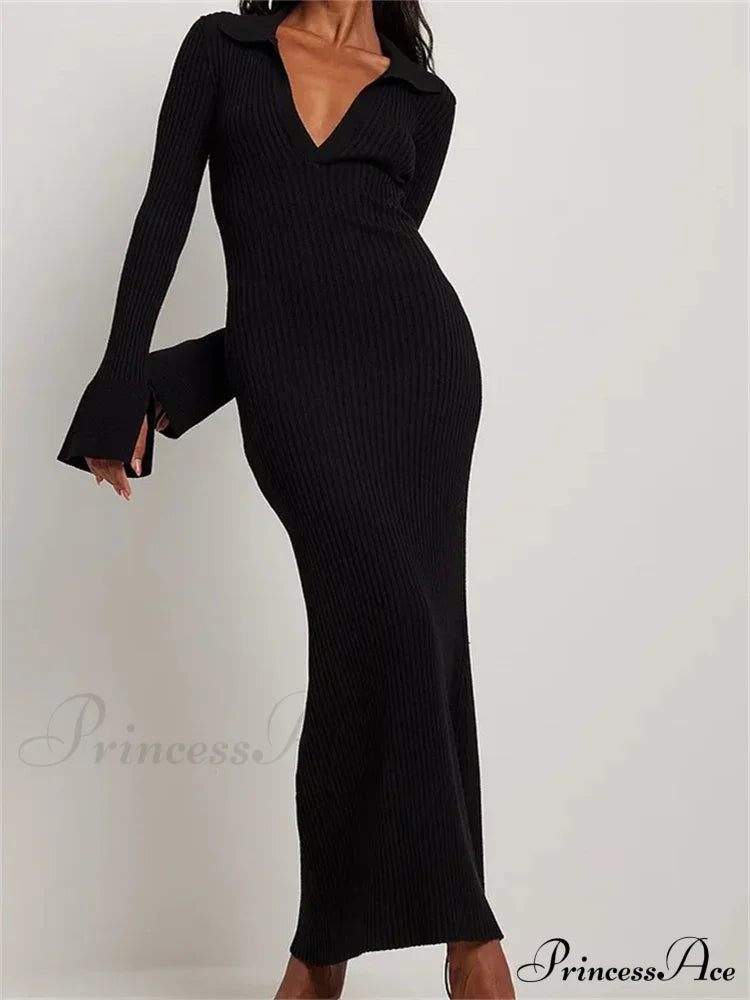 Women Ribbed Knitted Flare Sleeve Lapel Solid Color Bodycon Party Going Out Female Vestido