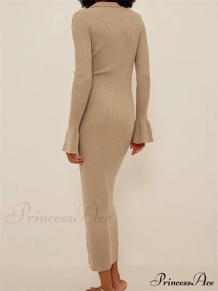 Women Ribbed Knitted Flare Sleeve Lapel Solid Color Bodycon Party Going Out Female Vestido