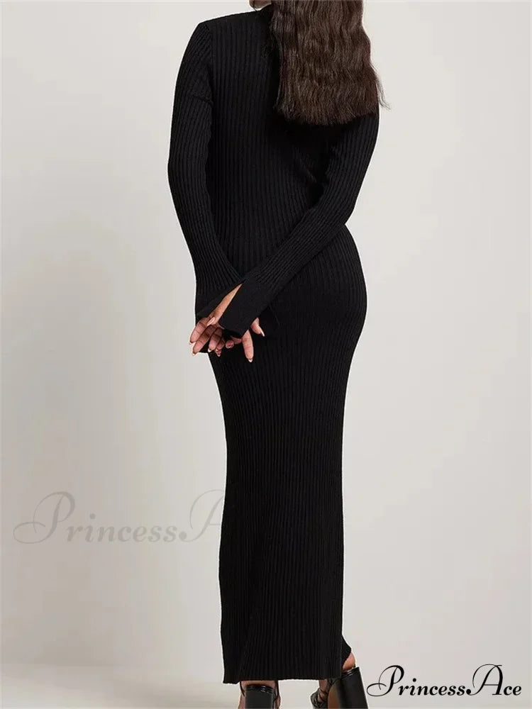 Women Ribbed Knitted Flare Sleeve Lapel Solid Color Bodycon Party Going Out Female Vestido