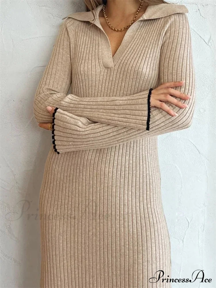 Women Ribbed Knitted Flare Sleeve Lapel Solid Color Party Going Out Female Vestidos Streetwear