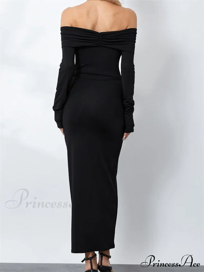 Women Ruched Slash Neck Off-Shoulder Sleeve Solid Slim Fit Bodycon Cocktail Party Vestidos