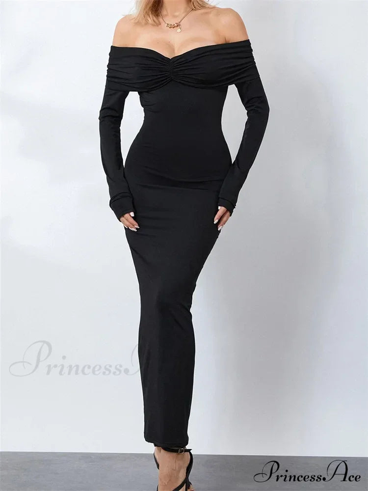 Women Ruched Slash Neck Off-Shoulder Sleeve Solid Slim Fit Bodycon Cocktail Party Vestidos Black / S