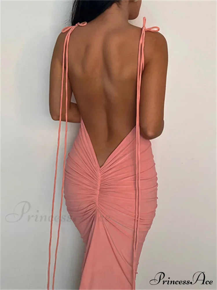 Women Sexy Backless Ruched Adjustable Lace-Up Strap Slim Elegant Solid Party Female Vestido Clubwear