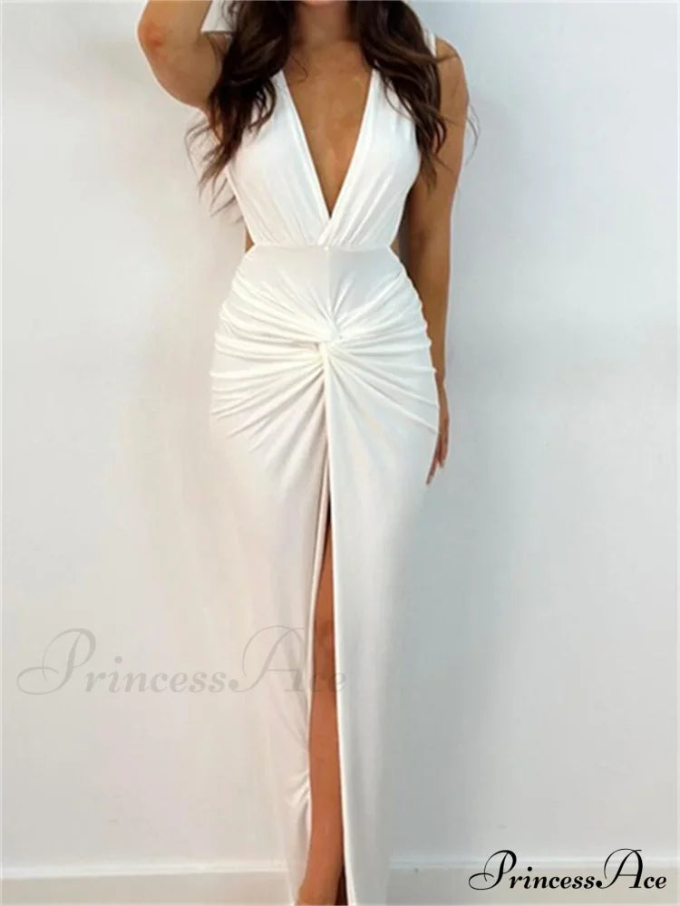 Women Sexy High Split Sleeveless Deep V-Neck Backless Ruched Summer Elegant Party Clubwear Vestidos