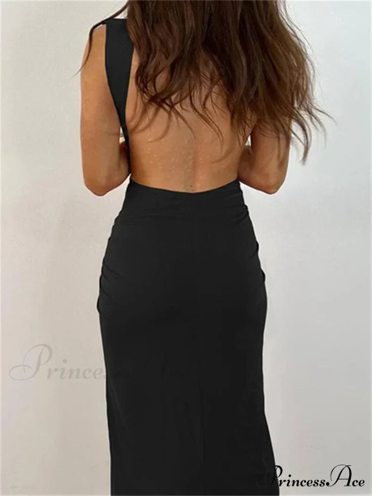 Women Sexy High Split Sleeveless Deep V-Neck Backless Ruched Summer Elegant Party Clubwear Vestidos