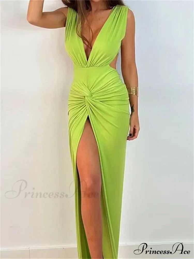 Women Sexy High Split Sleeveless Deep V-Neck Backless Ruched Summer Elegant Party Clubwear Vestidos