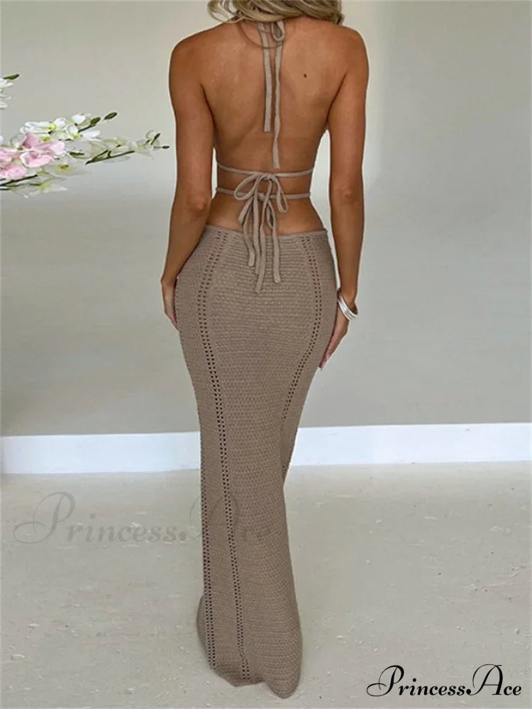 Women Sexy Knitted Cut Out Spaghetti Strap Halter Backless Club Party Y2K Female Vestidos Streetwear