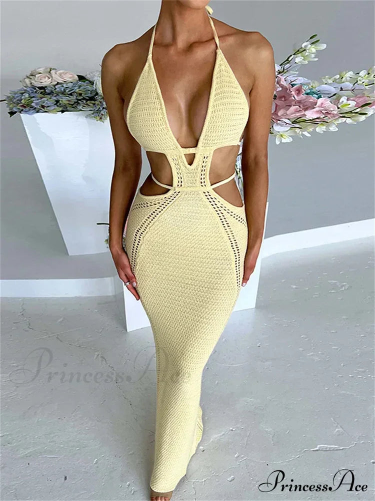 Women Sexy Knitted Cut Out Spaghetti Strap Halter Backless Club Party Y2K Female Vestidos