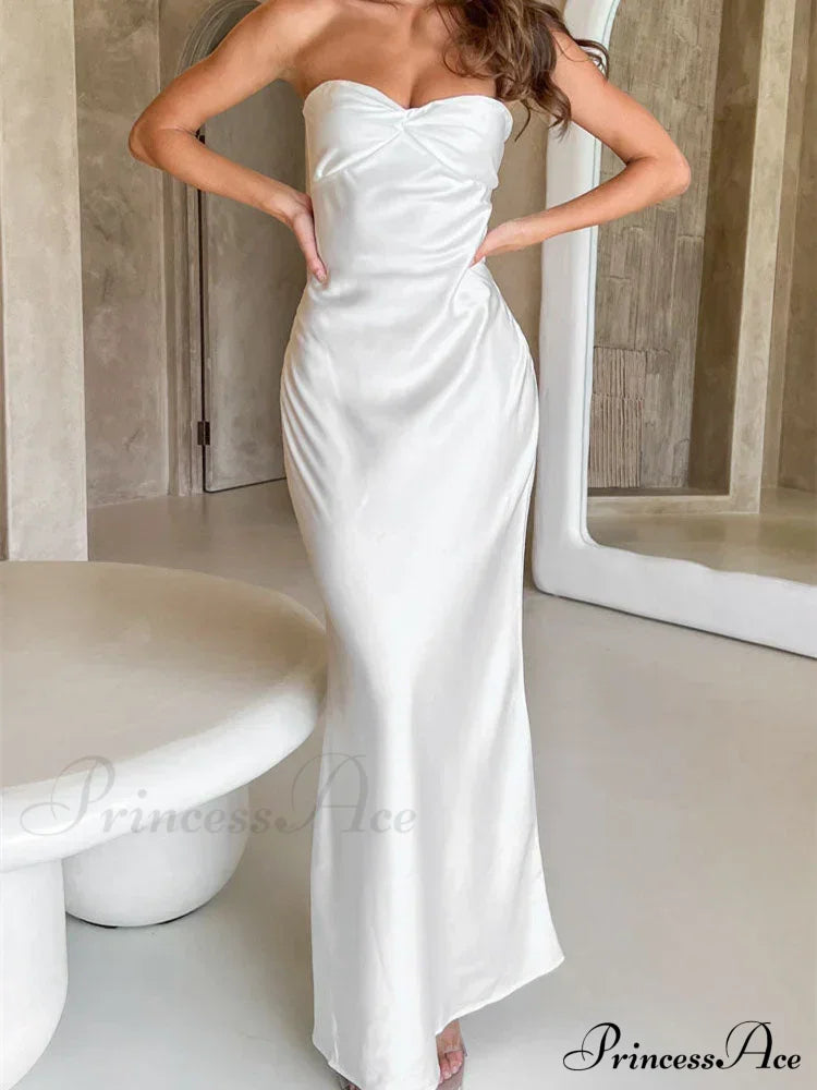 Women Sexy Sleeveless Spaghetti Strap Backless Low Cut Strapless Tube Party Cocktail Satin Vestidos