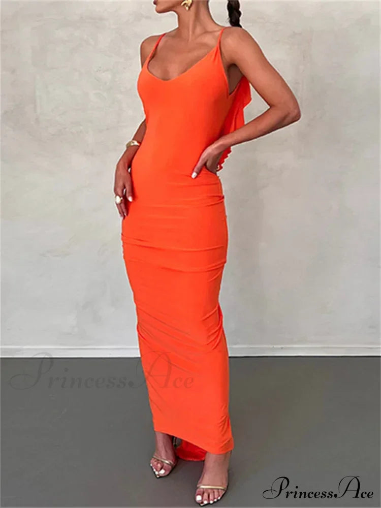 Women Sexy Spaghetti Strap Backless Bodycon V-Neck Ruffles Ruched Party Evening Clubwear Vestidos