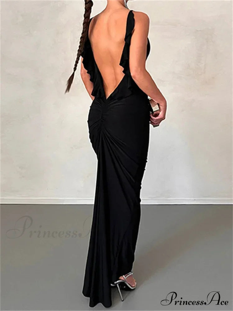 Women Sexy Spaghetti Strap Backless Bodycon V-Neck Ruffles Ruched Party Evening Clubwear Vestidos