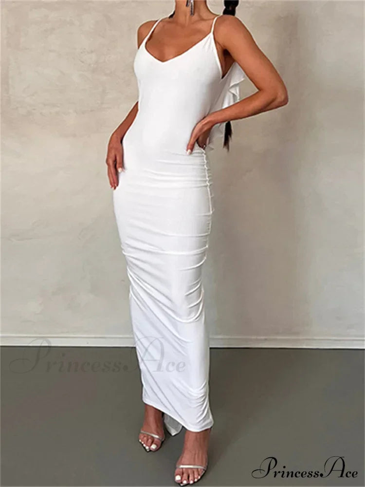 Women Sexy Spaghetti Strap Backless Bodycon V-Neck Ruffles Ruched Party Evening Clubwear Vestidos