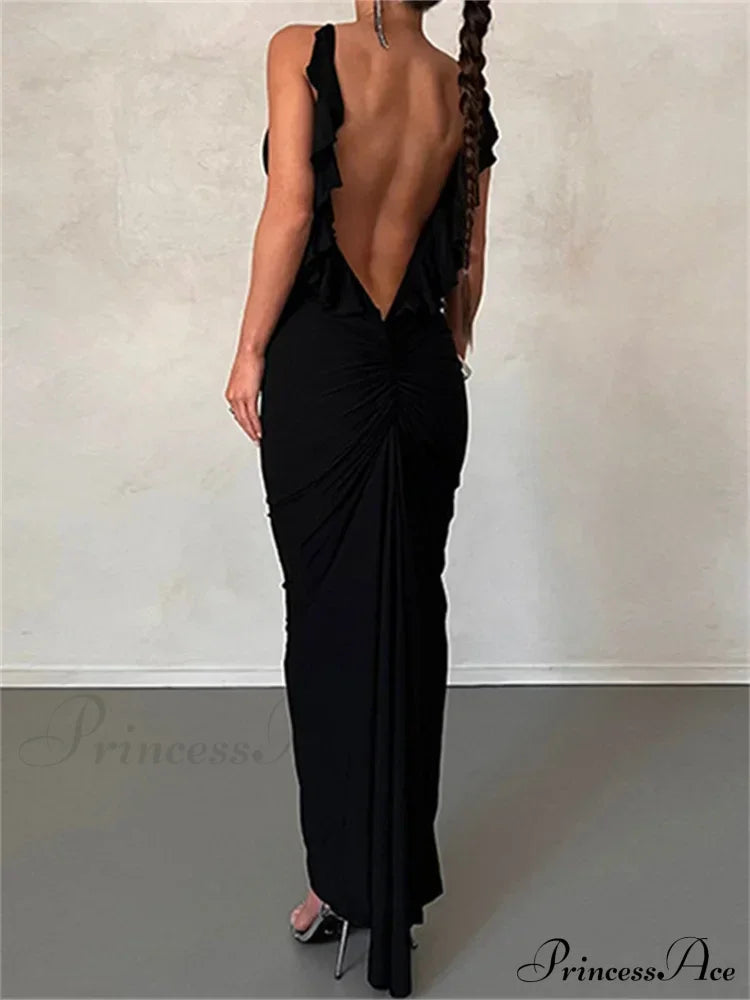 Women Sexy Spaghetti Strap Backless Bodycon V-Neck Ruffles Ruched Party Evening Clubwear Vestidos