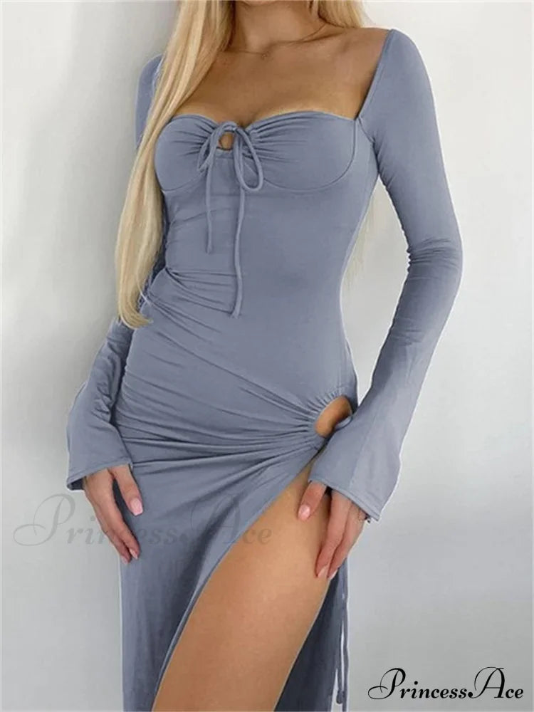 Women Sleeve Low-Cut Tie-Up Solid Color Slim Fit Cocktail Party High Split Female Vestidos Gray / S