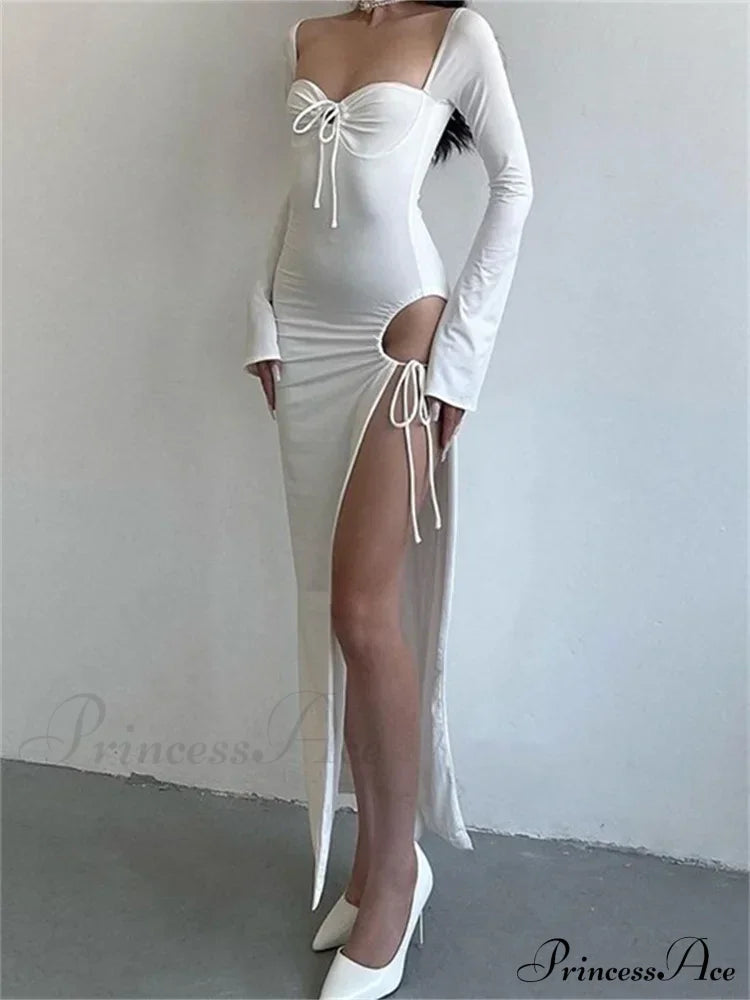 Women Sleeve Low-Cut Tie-Up Solid Color Slim Fit Cocktail Party High Split Female Vestidos White / S