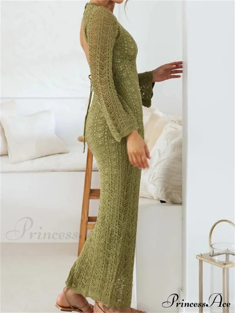 Women Sleeve Round Neck Backless Tie-Up Hollow Out Cocktail Spring Autumn Female Vestidos