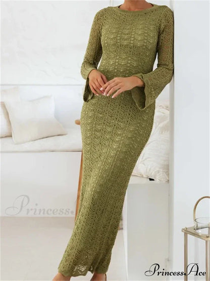 Women Sleeve Round Neck Backless Tie-Up Hollow Out Cocktail Spring Autumn Female Vestidos