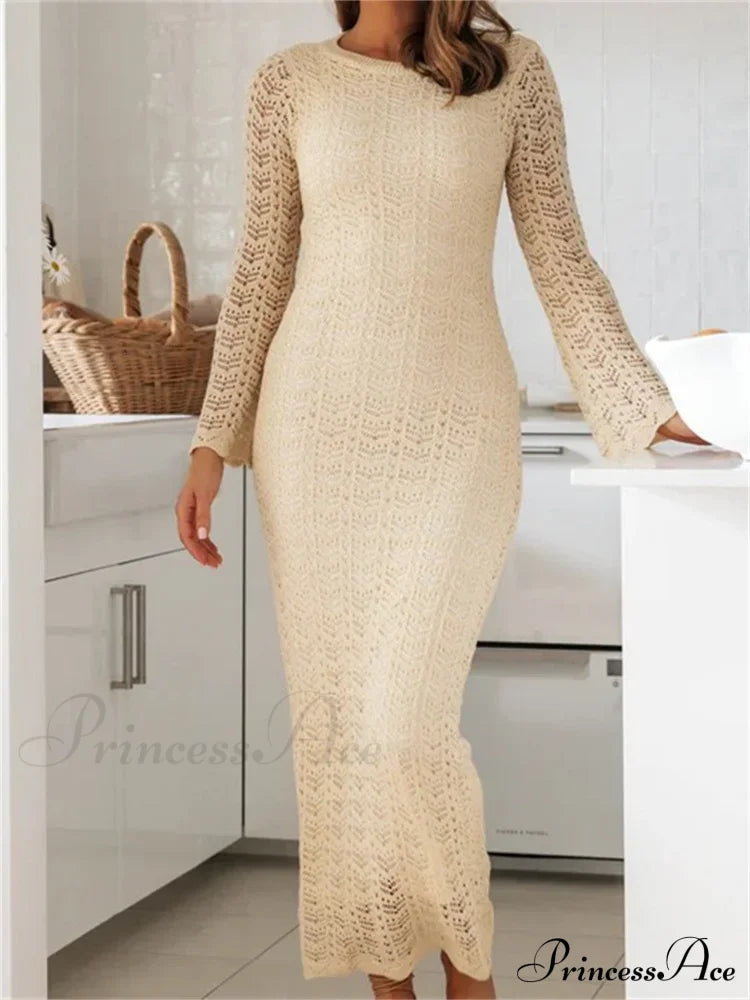 Women Sleeve Round Neck Backless Tie-Up Hollow Out Cocktail Spring Autumn Female Vestidos Beige / S