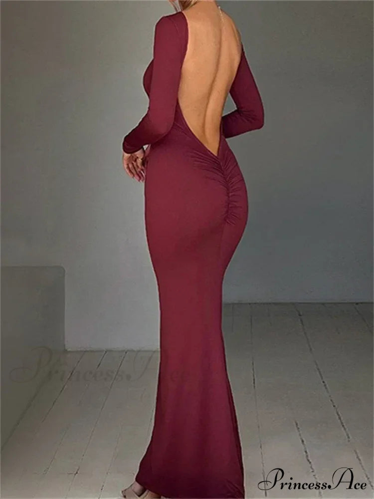 Women Sleeve Solid Color Round Neck Backless Ruched Spring Summer Party Female Vestidos