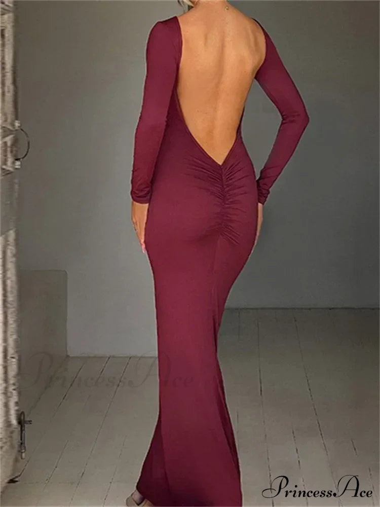 Women Sleeve Solid Color Round Neck Backless Ruched Spring Summer Party Female Vestidos Red / S