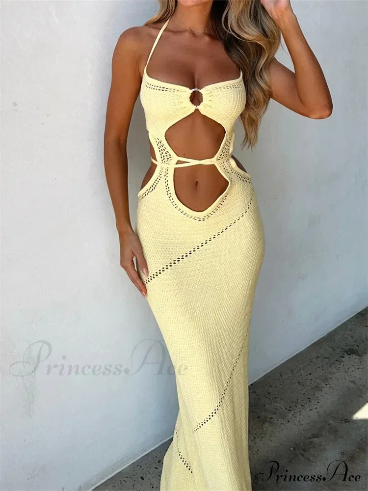 Women Sleeveless Halter Knitted Solid Color Front Cutout Backless Tie-Up Slim Beach Summer Vestidos