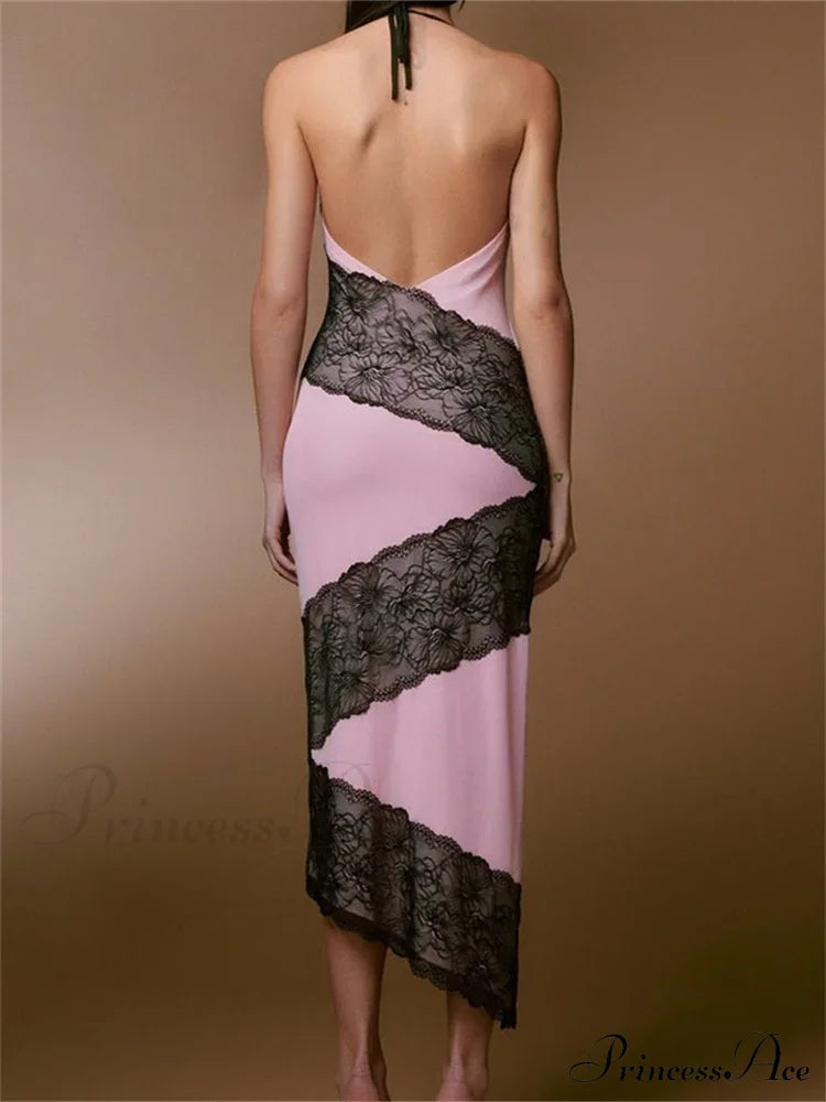 Women Sleeveless Halter Tie-Up Backless Lace Patchwork Slim Asymmetrical Hem Cocktail Vestidos