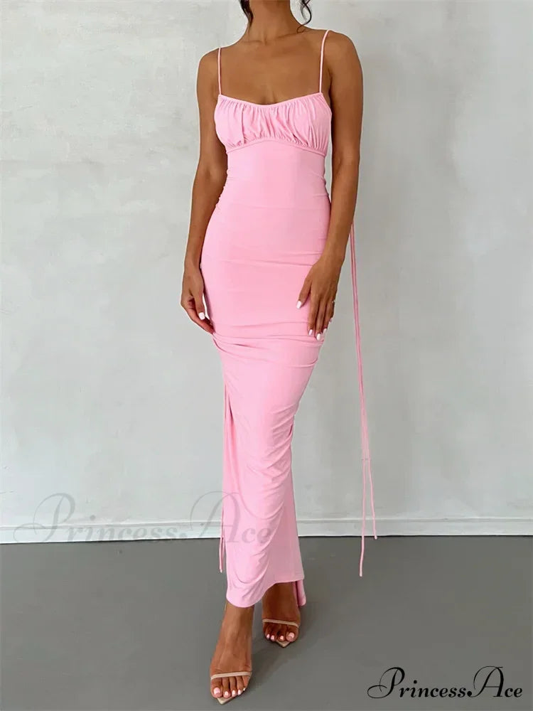 Women Sleeveless Lace-Up Strap Sling Summer Backless Ruched Party V-Neck Slim Fit Sexy Vestidos