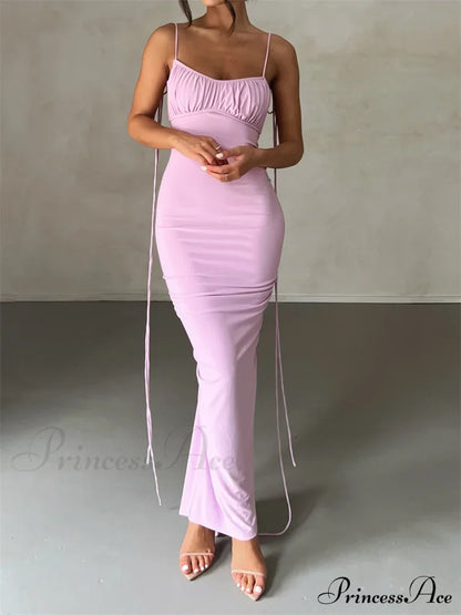 Women Sleeveless Lace-Up Strap Sling Summer Backless Ruched Party V-Neck Slim Fit Sexy Vestidos