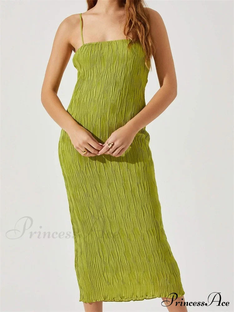 Women Sleeveless Spaghetti Strap Mid Solid Color Summer Backless Party Cocktail Beach Vestidos