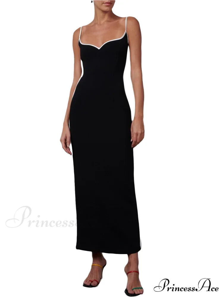 Women Sleeveless Strap Black Patchwork V-Neck Low Cut Slim Summer Party Back Split Female Vestidos