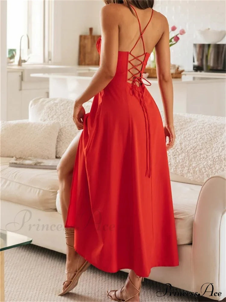 Women Sleeveless Strap Ruched Tie-Up Backless Criss-Cross Hollow Out High Split Party Beach Vestidos