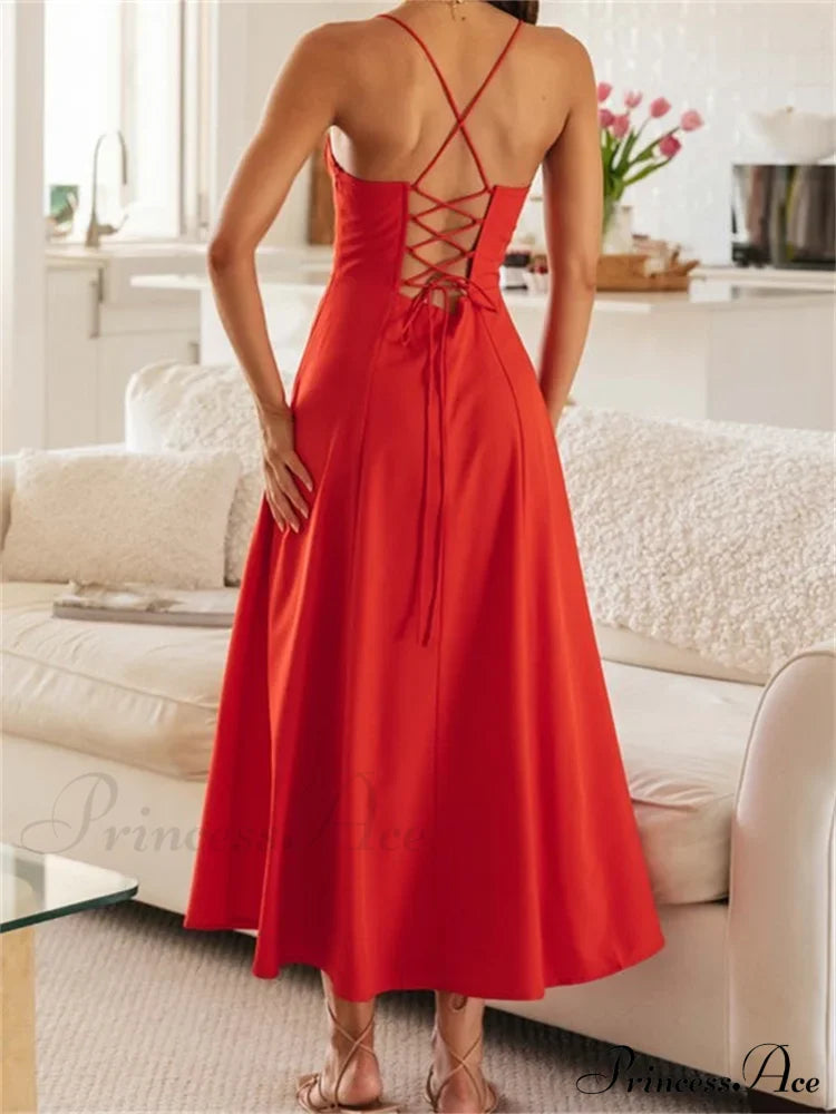 Women Sleeveless Strap Ruched Tie-Up Backless Criss-Cross Hollow Out High Split Party Beach Vestidos