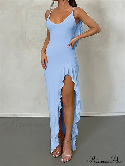 Women Spaghetti Strap Backless Ruffles Sexy Slim Fit V Neck Sleeveless Ruched Beach Vestidos