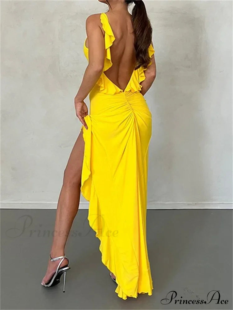 Women Spaghetti Strap Backless Ruffles Sexy Slim Fit V Neck Sleeveless Ruched Beach Vestidos