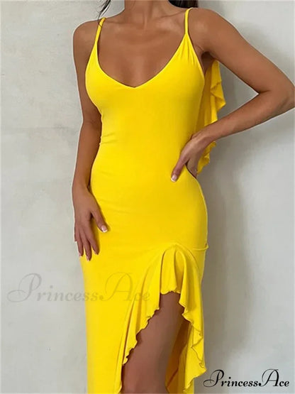 Women Spaghetti Strap Backless Ruffles Sexy Slim Fit V Neck Sleeveless Ruched Beach Vestidos