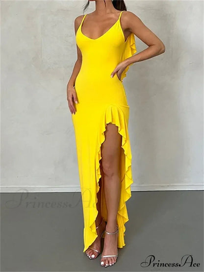 Women Spaghetti Strap Backless Ruffles Sexy Slim Fit V Neck Sleeveless Ruched Beach Vestidos