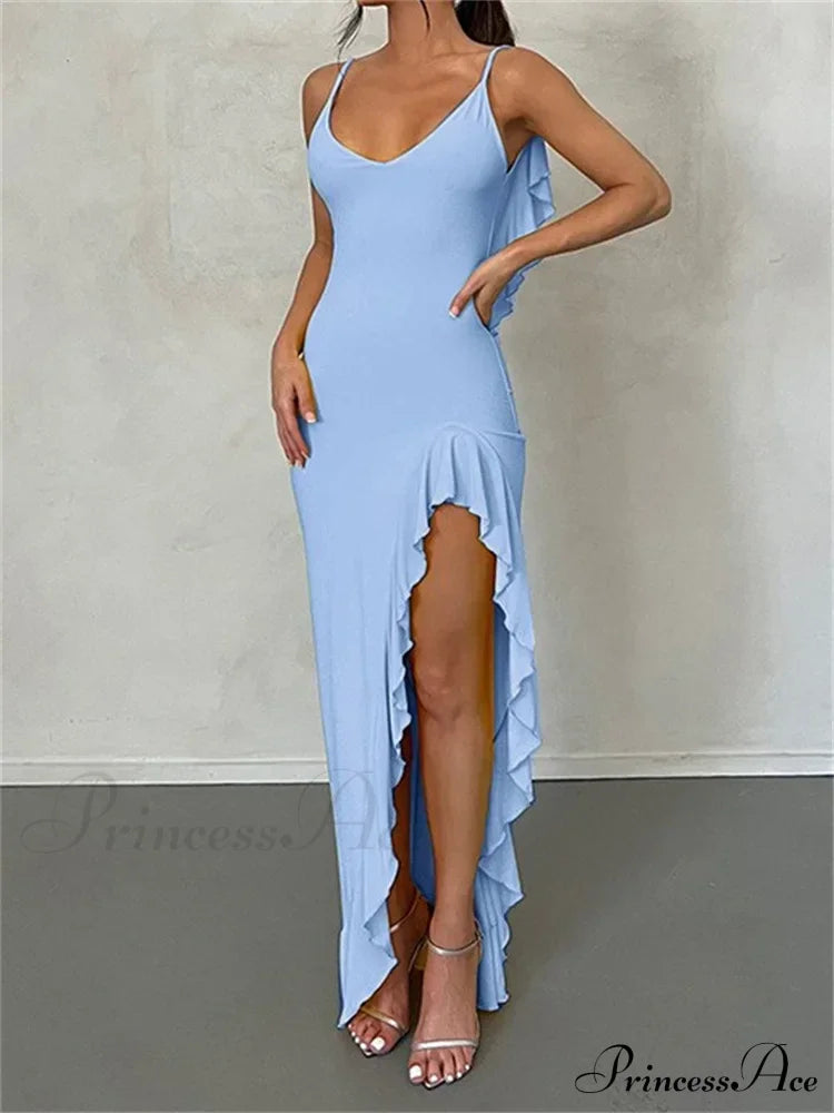 Women Spaghetti Strap Backless Ruffles Sexy Slim Fit V Neck Sleeveless Ruched Beach Vestidos Blue /