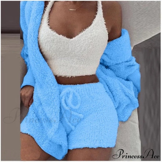 Women Sports Sets Coat + Shorts + Crop Casual Sexy Plush Hooded Top Tracksuit Velvet Outfits