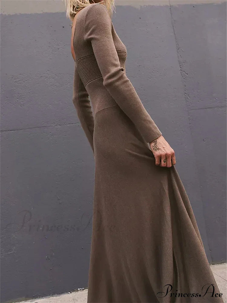 Women Spring Fall Casual Solid Color Square Neck Sleeve Knitted Pleated Fashion Holiday Vestido