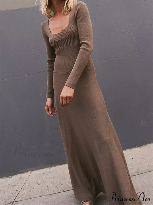 Women Spring Fall Casual Solid Color Square Neck Sleeve Knitted Pleated Fashion Holiday Vestido