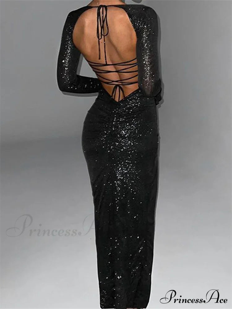 Women Square Neck High Split Sleeve Sparkly Backless Tie Up Cocktail Club Party Female Vestidos