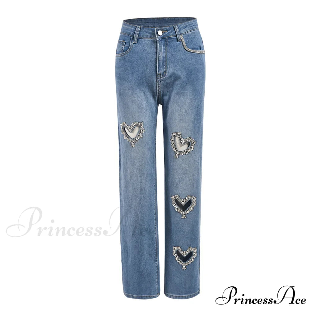 Women Straight Heart Diamond Hollow Out Pockets Vintage Denim Casual Y2K Harajuku Fashion 2024 Jeans