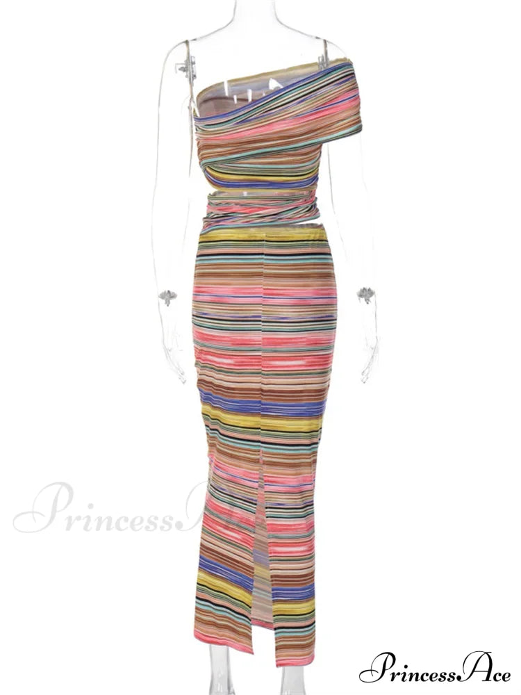 Women Striped Bodycon Summer Irregular Cutout One Shoulder Sleeveless Beach Party For Club