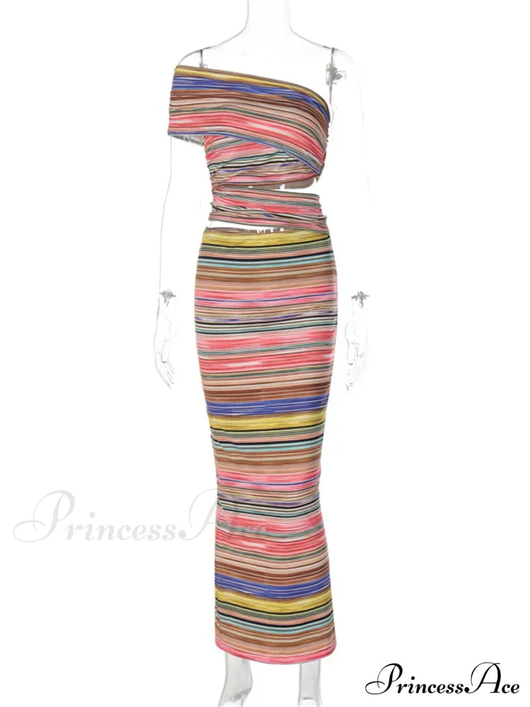 Women Striped Bodycon Summer Irregular Cutout One Shoulder Sleeveless Beach Party For Club